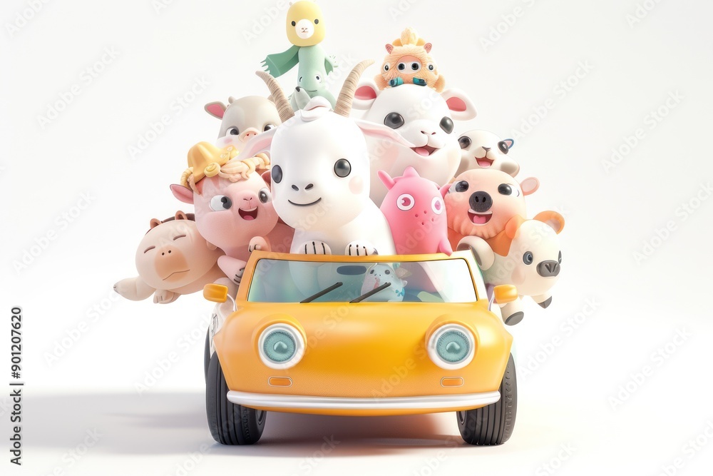 Fototapeta premium conceptual 3D characters, a toy car full of various supercute kawaii animals