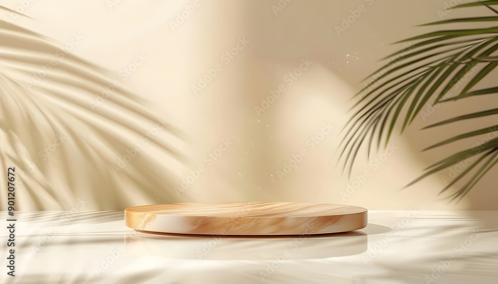 wood podium with tropical leaf on beige background wood podium with tropical leaf on beige background
