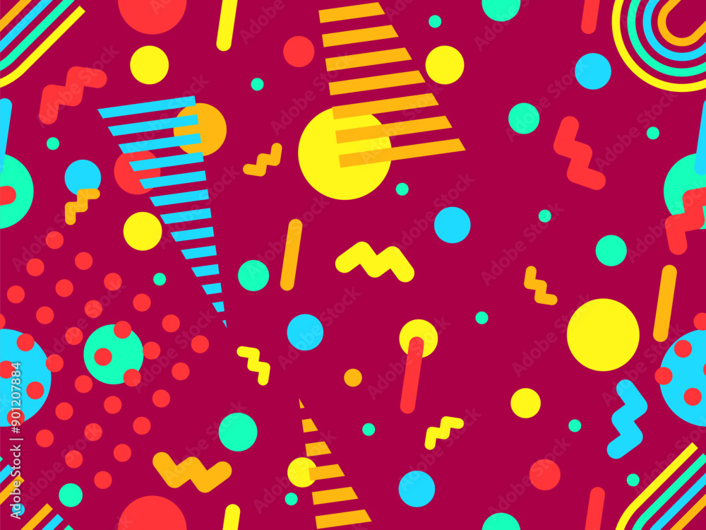 Geometric seamless pattern with memphis elements in 80s style. Colorful geometric pattern. Design of promotional products, wrapping paper and printing. Vector illustration Geometric seamless pattern with memphis elements in 80s style. Colorful geometric pattern. Design of promotional products, wrapping paper and printing. Vector illustration