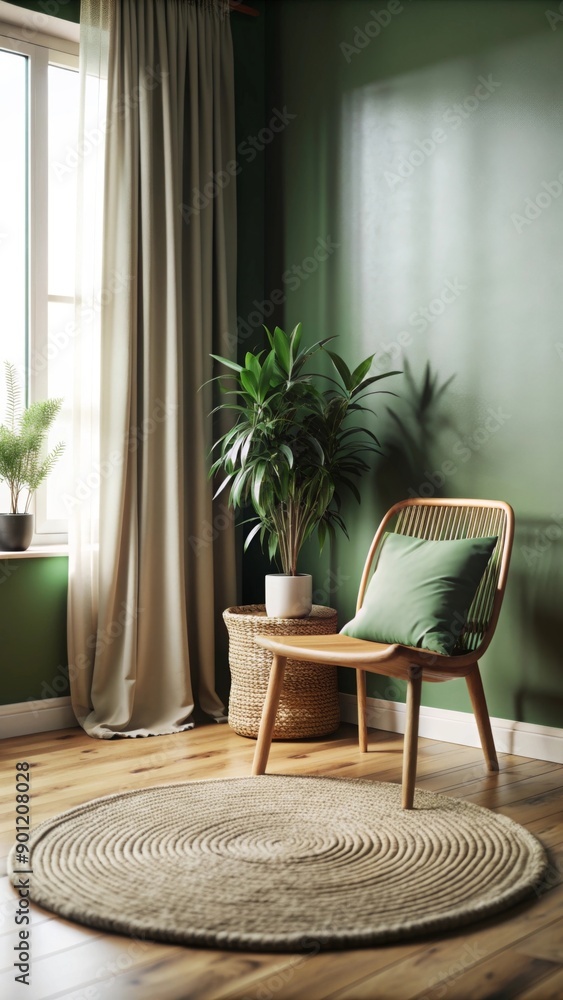 A wooden chair with a green cushion is placed on a wooden floor, next to a blank picture frame leaning against a green wall. A wooden chair with a green cushion is placed on a wooden floor, next to a blank picture frame leaning against a green wall.