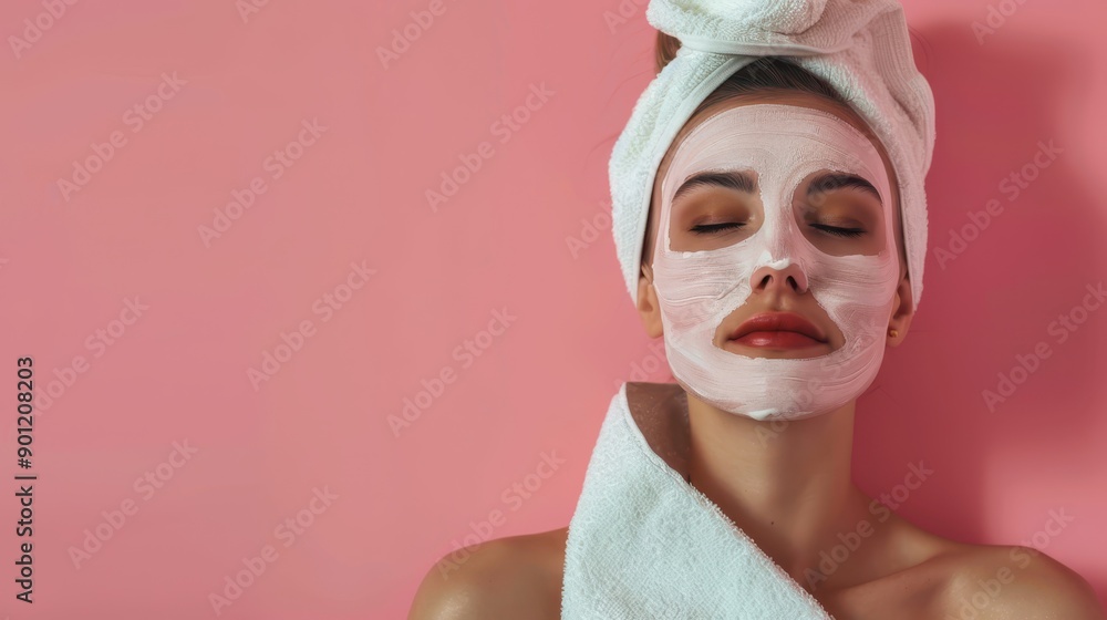 Young woman with a facial mask and pink towel on a pink background. Skincare and beauty treatment concept. Young woman with a facial mask and pink towel on a pink background. Skincare and beauty treatment concept.
