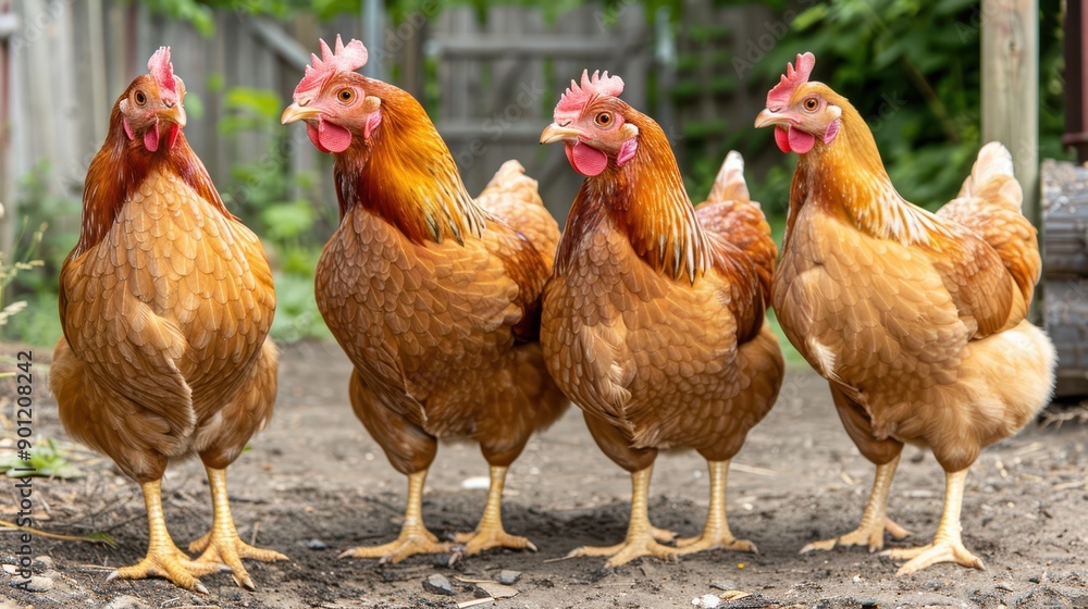 Close-up of chickens in a coop, showing their vibrant feathers and curious expressions. Farm life and agriculture concept. Close-up of chickens in a coop, showing their vibrant feathers and curious expressions. Farm life and agriculture concept.