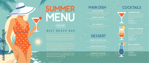 Retro flat summer cocktail menu design with beautiful girl in swimsuit on tropic beach  background. Vector illustration