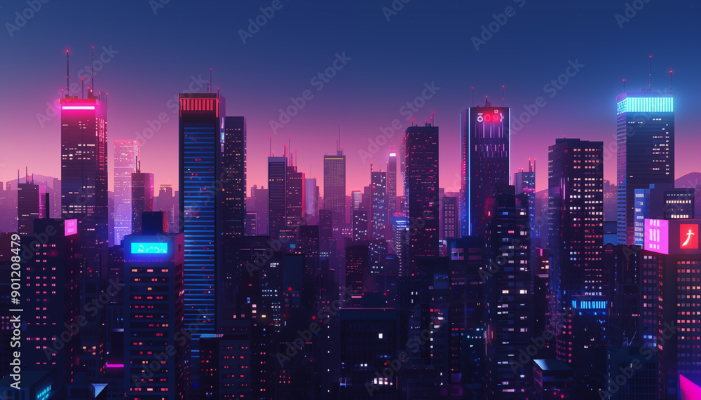 Fototapeta premium Panorama View of the center of the exact city with skyscrapers, houses with luminous windows. Cartoon.