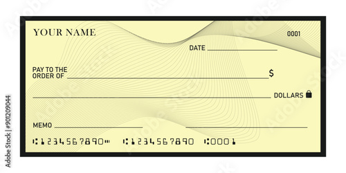 Bank check, vector blank money cheque, checkbook template. Currency payment coupon, money check background