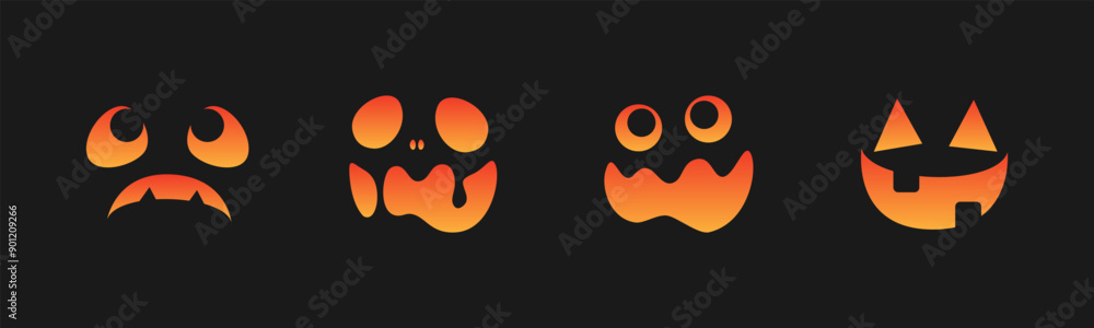 Fototapeta premium Scary Monster Faces Set. Jack O Lantern Face Halloween Pumpkin Icon Collection. Simple Creepy Horror Illustrations.