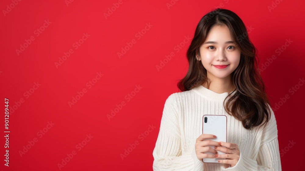 Smiling Woman in White Sweater Holding Phone Smiling Woman in White Sweater Holding Phone