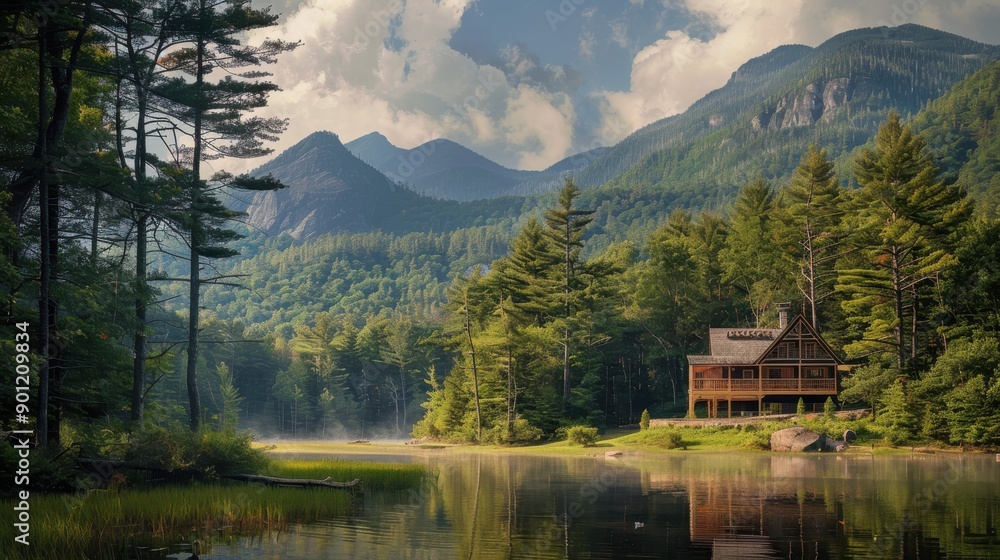 Fototapeta premium A secluded cabin nestled among the serene beauty of a peaceful lake and dense woods, with the towering summits and rugged cliffs in the background creating a perfect retreat