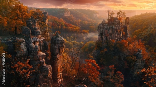 Sunset hues casting a warm glow over the jagged edges of ancient rock formations and the dense woods below, creating a stunning scene of vibrant colors and natural splendor photo