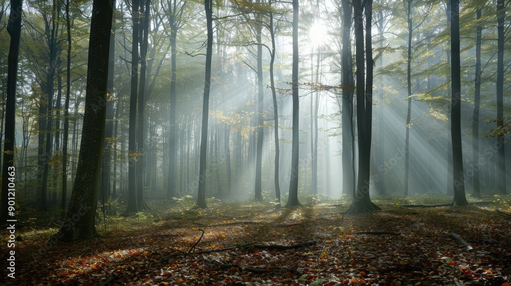 Obraz premium A foggy forest with tall trees shrouded in mist, a carpet of fallen leaves on the ground, and beams of sunlight breaking through the fog, creating a mysterious and enchanting woodland scene