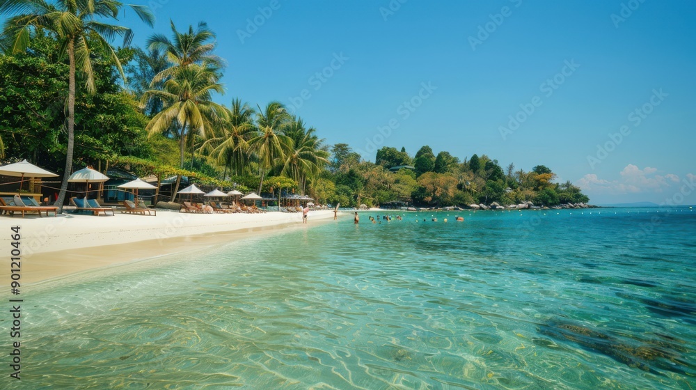 Naklejka premium A seaside resort with palm trees, a pristine sandy beach, and crystal-clear turquoise waters, people lounging on sunbeds, and the sky clear and blue, creating a perfect tropical getaway scene