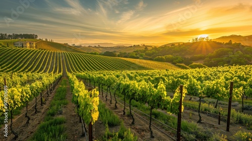 Wallpaper Mural A scenic vineyard with rows of grapevines, a charming farmhouse, and rolling hills in the background, the sun setting and casting a warm golden light, creating a tranquil and idyllic wine country Torontodigital.ca