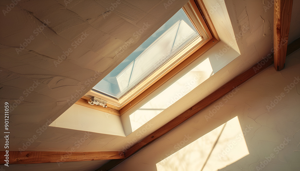 Obraz premium Skylight roof window and lamps on slanted ceiling in attic room, low angle view