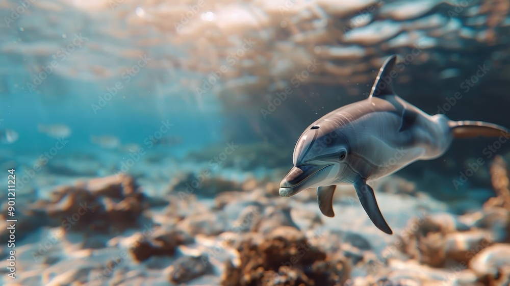 Obraz premium Dolphin near ancient shipwreck, silhouette illuminated by ambient light, soft light filtering through water, mysterious and exploratory.