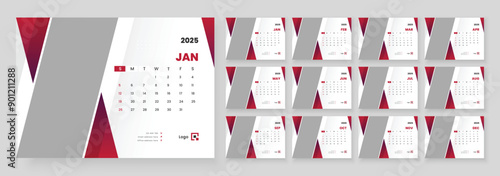 2025 desk calendar template, Template for annual calendar 2025, The week starts on Sunday, Set of 12 months.