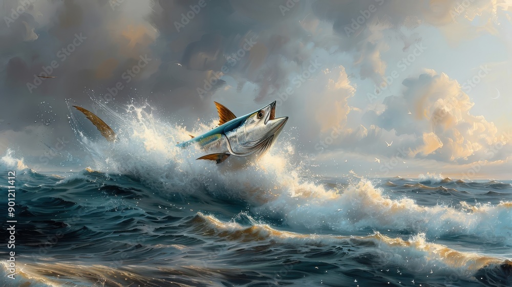 Fototapeta premium Tuna navigating stormy sea, turbulent waves, dark clouds, resilience, strength, dramatic scene, challenging conditions.