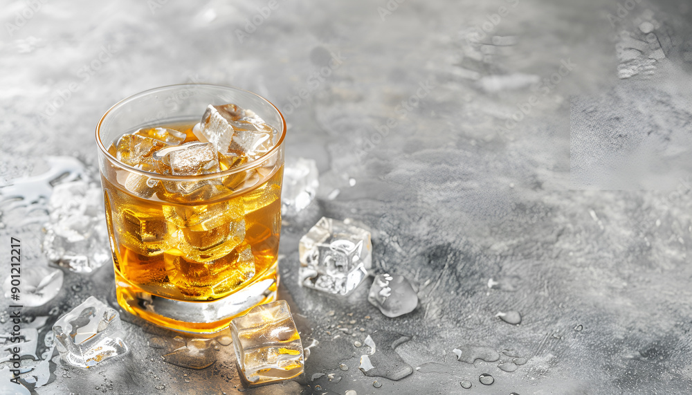 Golden whiskey in glass with ice cubes on table. Space for text Golden whiskey in glass with ice cubes on table. Space for text
