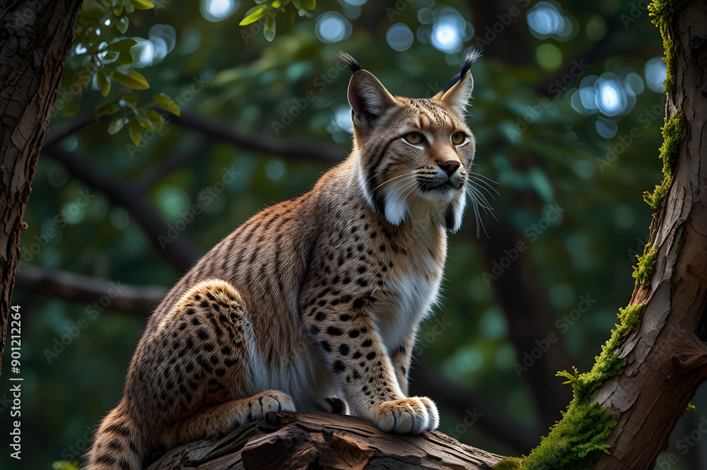 Fototapeta premium A lynx sits on a tree in a dense forest