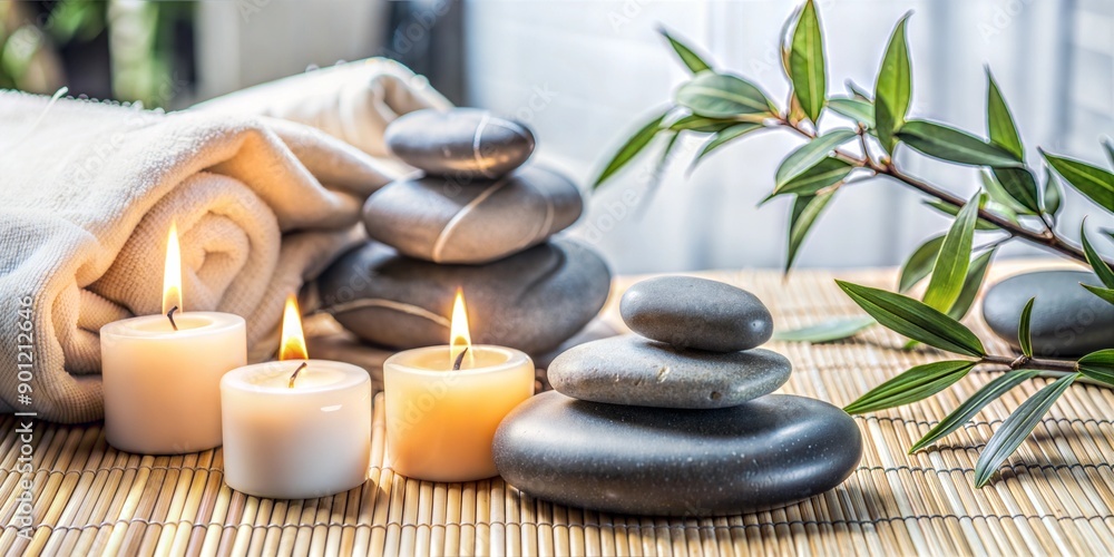Relaxing spa banner with smooth stones, candles, and bamboo leaves in the background Relaxing spa banner with smooth stones, candles, and bamboo leaves in the background