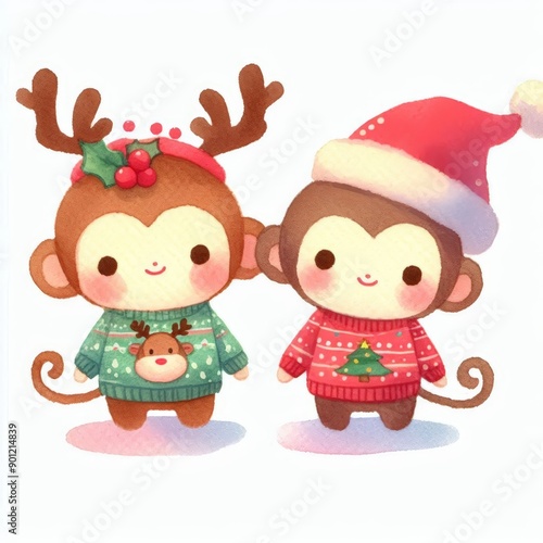 Two cute monkeys dressed in Christmas sweaters. One wears reindeer antlers, the other a Santa hat.