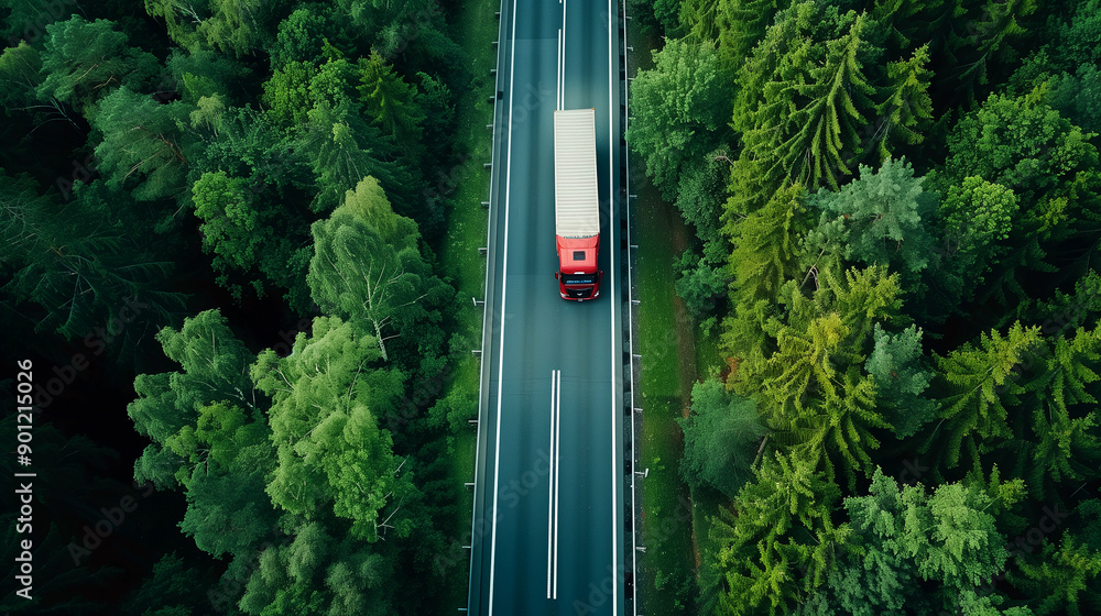 Aerial View of a Truck Driving Along the Highway Aerial View of a Truck Driving Along the Highway