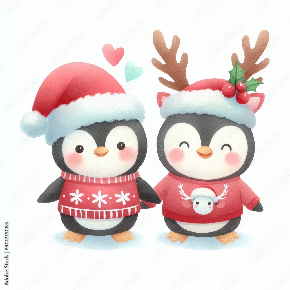 Obraz premium Two cute penguins wearing Christmas sweaters and hats, holding hands.