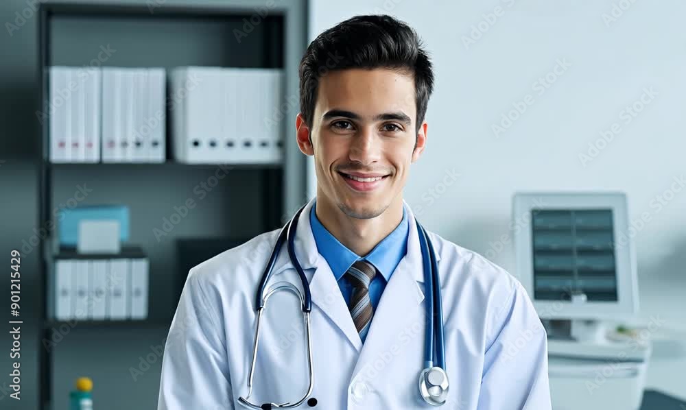 Portrait of happy male doctor with stethoscope standing in office Portrait of happy male doctor with stethoscope standing in office