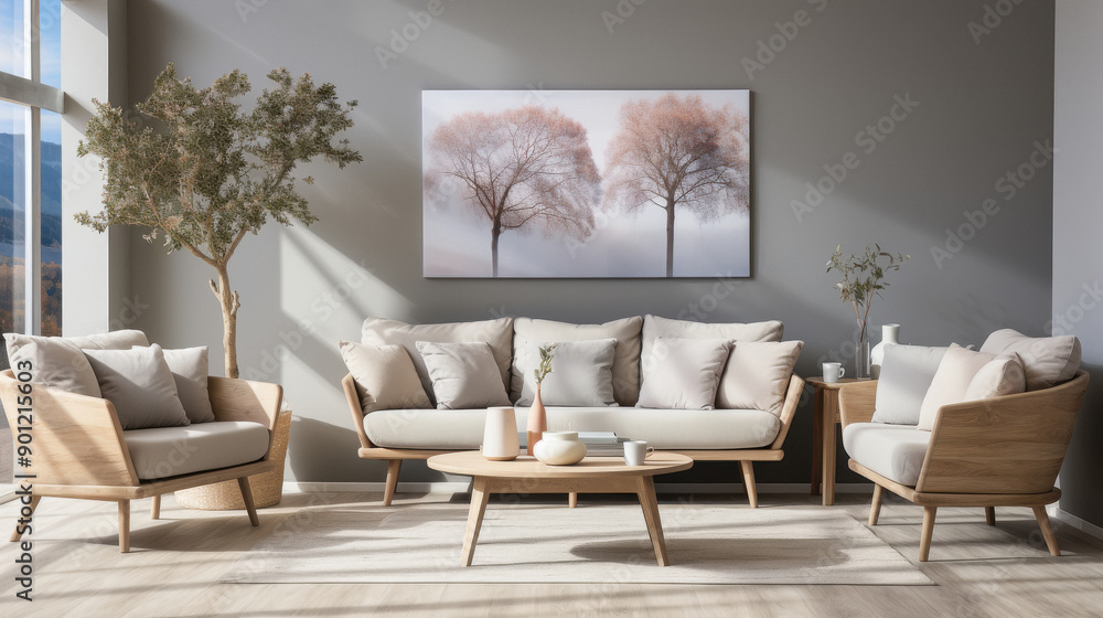 Fototapeta premium White sofa and armchairs in scandinavian style home interior design of modern living room