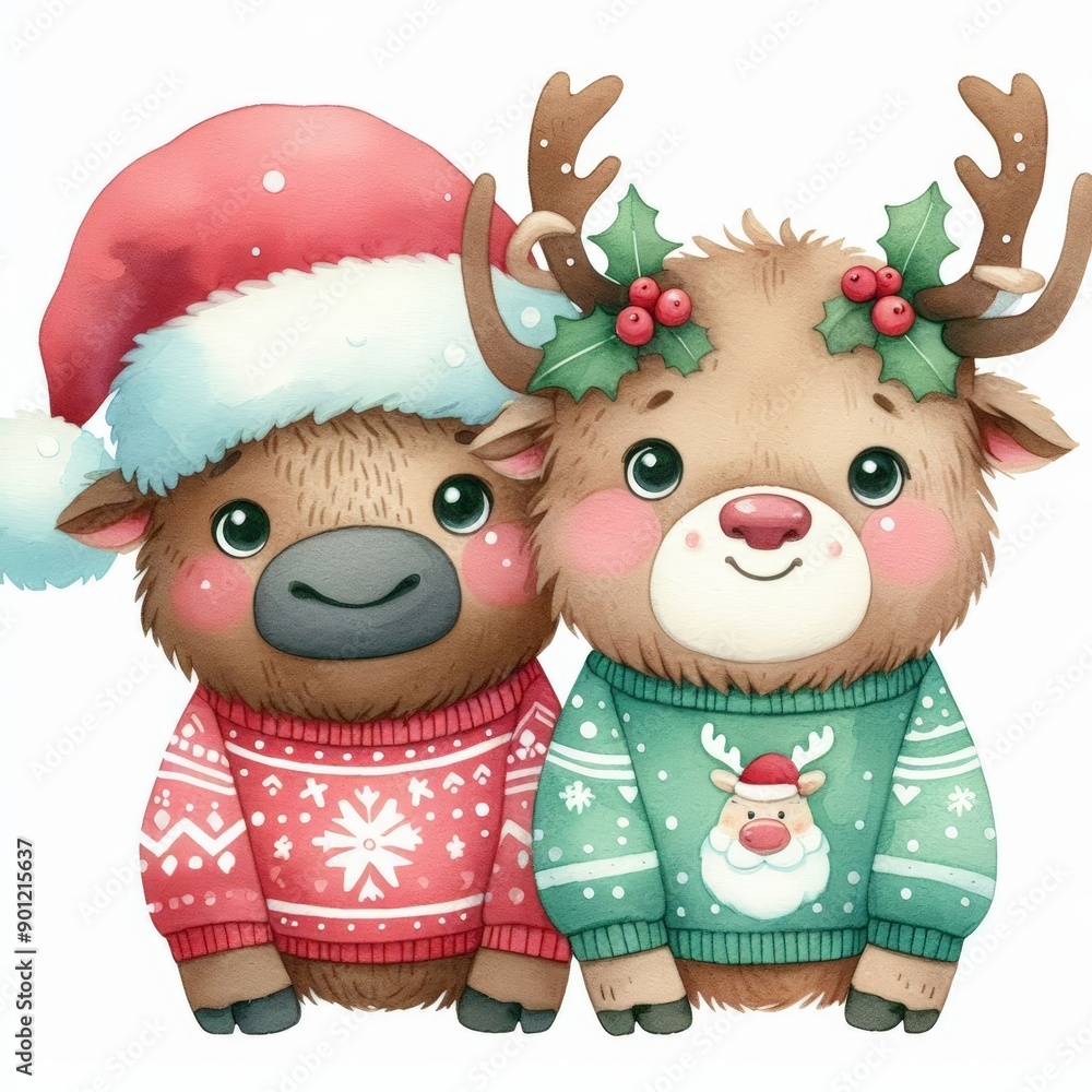 Two cute reindeer wearing Christmas sweaters and hats Two cute reindeer wearing Christmas sweaters and hats