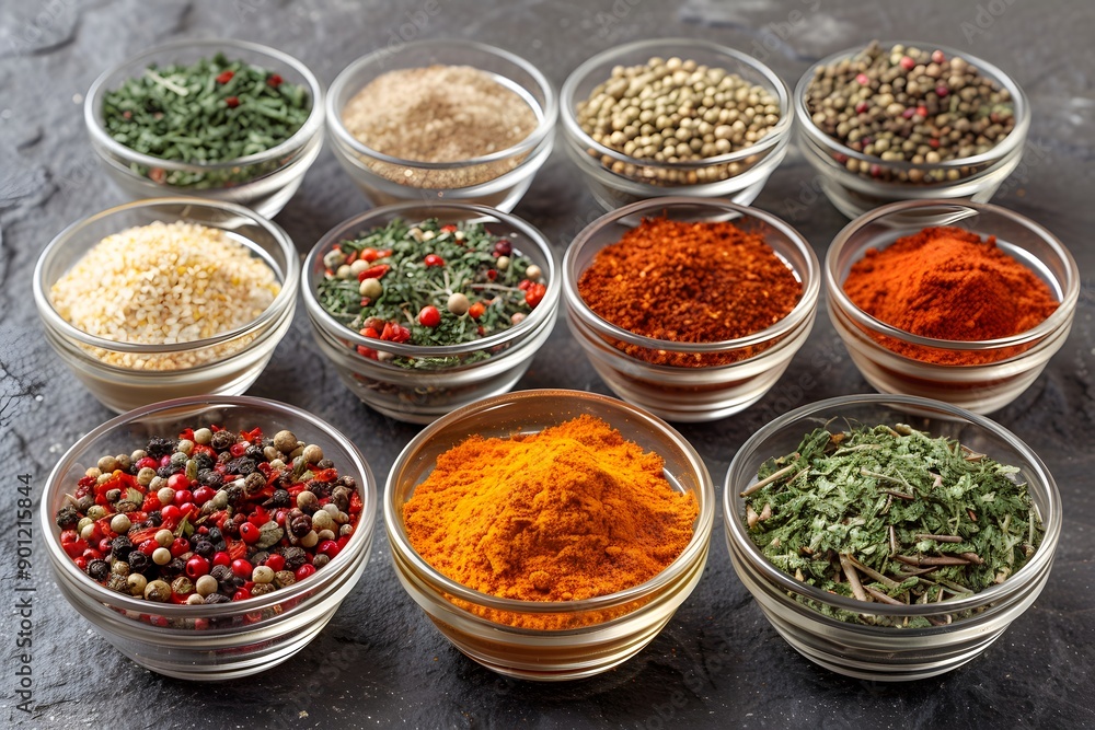 Variety of Fresh Seasonings and Spices in Glass Bowls - Perfect for Culinary Uses and Cooking Inspiration Variety of Fresh Seasonings and Spices in Glass Bowls - Perfect for Culinary Uses and Cooking Inspiration