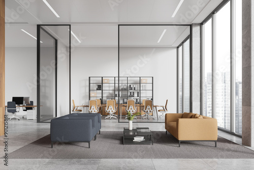 Photography Stylish business interior with rest and work zone, panoramic window