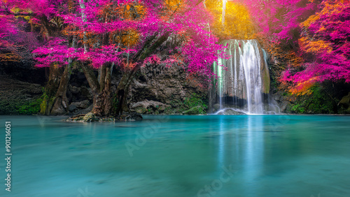 Amazing in nature, beautiful waterfall at colorful autumn forest in fall season	