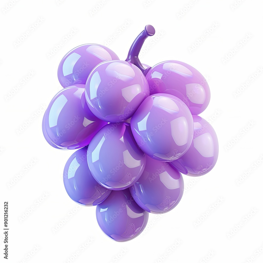 Fototapeta premium Charming Inflatable Grape Plush Toy in a Soft and Rounded 3D Cartoon Style, Adorned with Simple Details on a White Background
