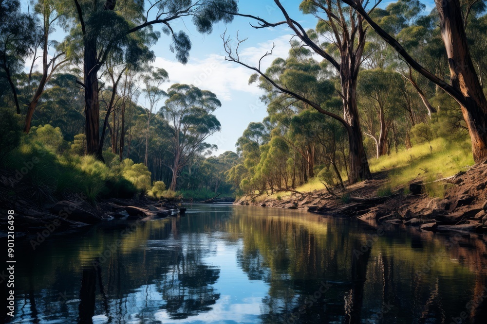 Serene landscape of a gentle river surrounded by lush eucalyptus trees under a clear blue sky Serene landscape of a gentle river surrounded by lush eucalyptus trees under a clear blue sky