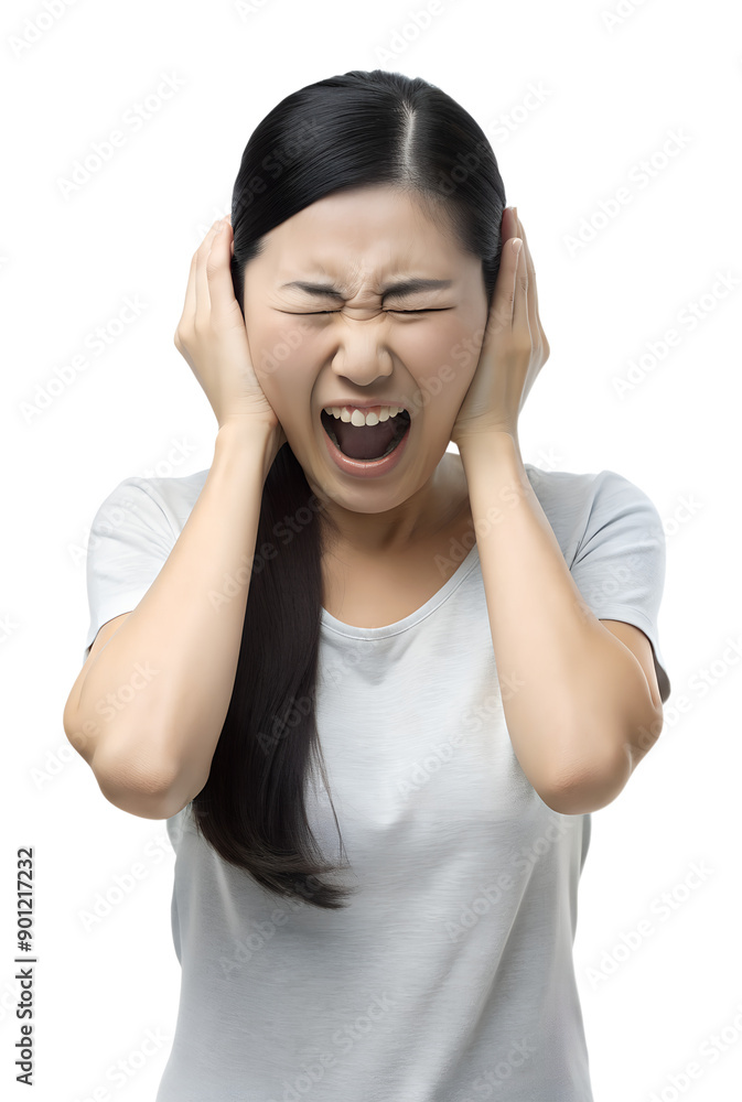 Illustration style 3d render of asian young women suffers from noise isolated on a transparent background Illustration style 3d render of asian young women suffers from noise isolated on a transparent background