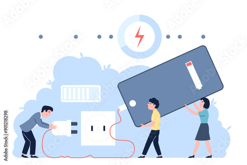 People charging smartphone. Digital gadget, phone tablet device battery low concept. Office team need connection, accumulator use recent vector scene