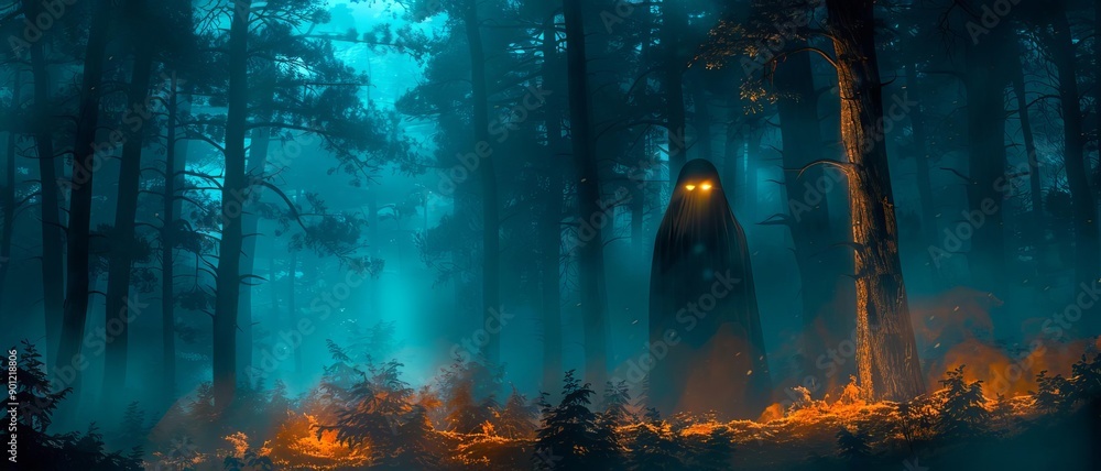 Phantom in misty forest, eerie shadows and glowing eyes, flat design illustration Phantom in misty forest, eerie shadows and glowing eyes, flat design illustration