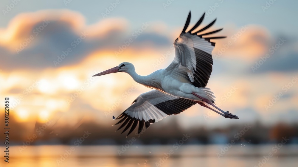 Fototapeta premium High above the savannah, a stork glides through the sky with outstretched wings.