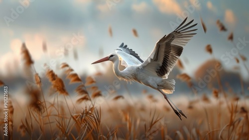 In a lush marsh, a stork spreads its wings, preparing to take flight.