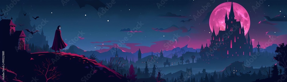 Fototapeta premium Vampire in gothic castle, moonlit night, flat design illustration