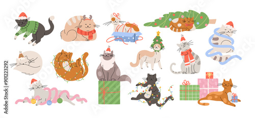 Cartoon christmas cats. Cute cat wear xmas costumes, play with garland and toys, sitting in present box. Funny new year pets, racy vector characters