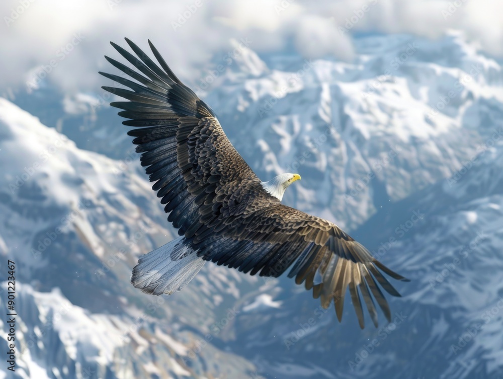 Fototapeta premium A majestic bald eagle spreads its wings as it soars through the sky above a mountain range, offering breathtaking views
