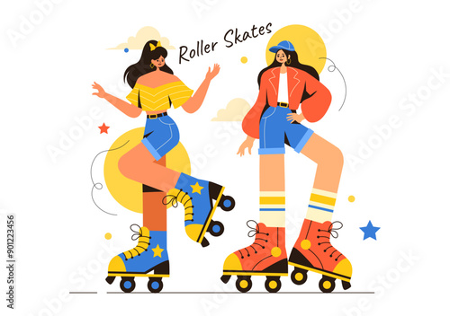 People Riding Roller Skates in a City Park for Outdoor Activities, Sports Recreation or Weekend Leisure on Flat Cartoon Background Vector Illustration