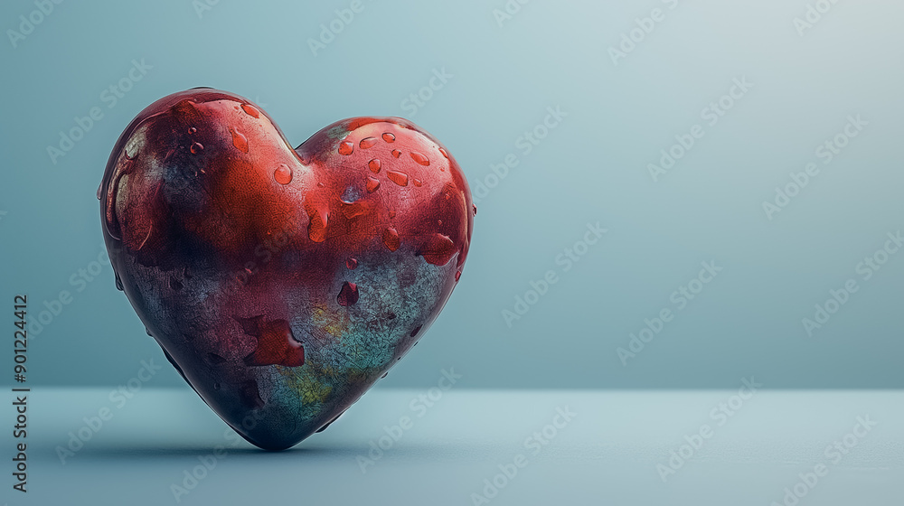 A heart with a blue background. The heart is wet and has a red color