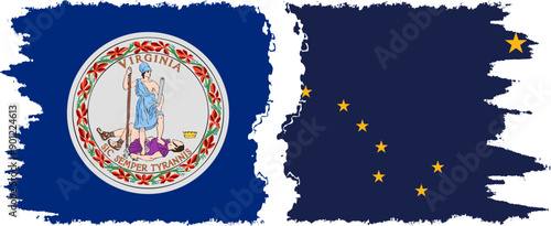 Alaska and Virginia states grunge brush flags connection, vector