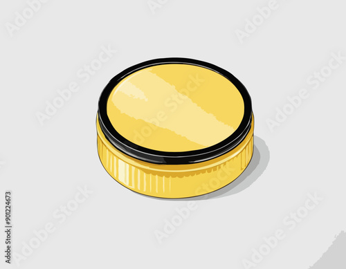 Round yellow glossy plastic jar with ribbed black lid. Storage container for bulk products 