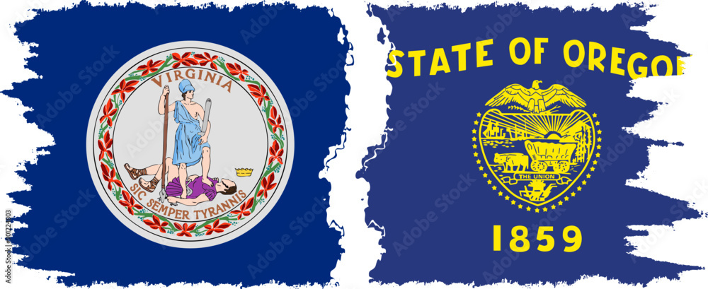 Fototapeta premium Oregon and Virginia states grunge brush flags connection, vector