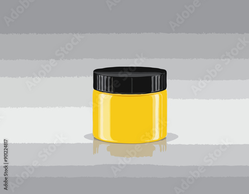 Round yellow glossy plastic jar with ribbed black lid. Storage container for bulk products 