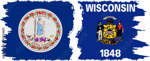 Wisconsin and Virginia states grunge brush flags connection, vector
