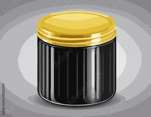 Round yellow glossy plastic jar with ribbed black lid. Storage container for bulk products 